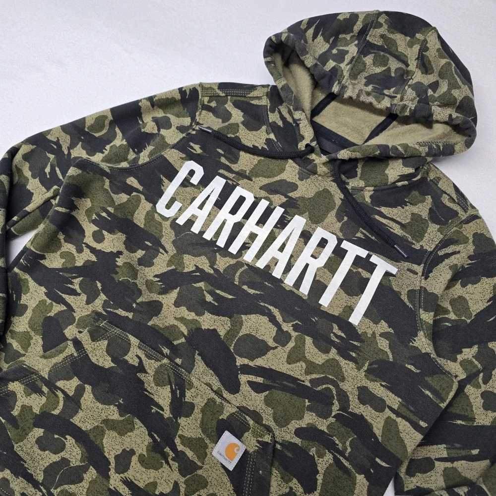 Carhartt Womens Relaxed Fit Camo Hoodie Green Black Logo Pullover Medium 8-10